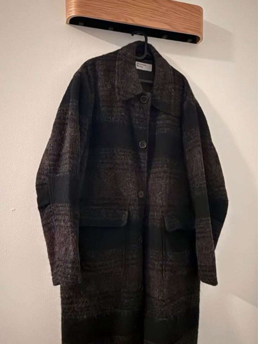 Universal Works Alpaca Account Coat — Brown/Black Stripe — Size L